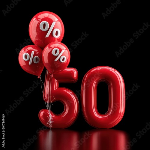 Glossy Red 3D Rendering of 50 Percent with Balloons