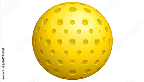 Yellow pickleball on a white background, a sport equipment with a perforated surface, suitable for active lifestyle and game concepts.