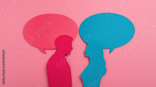 Silhouettes of a man and woman face each other with speech bubbles above on a pink background, symbolizing communication or conversation.