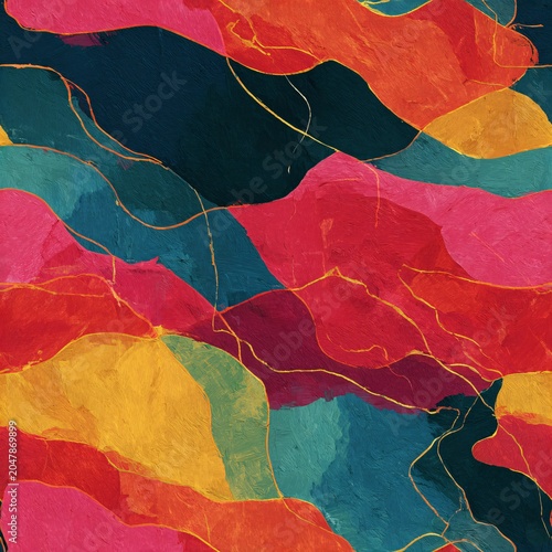 Colorful abstract shapes create a seamless pattern with curves and textures