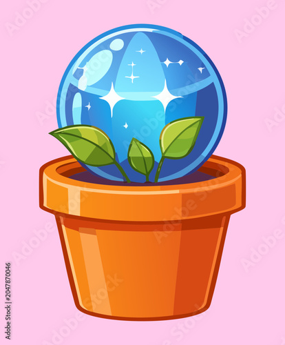 Foto Magical glowing blue crystal magic orb floating inside brown wooden pot with gre