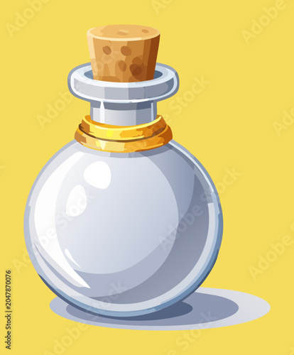 Fotografi Blank glass health mana potion flask container with cork plug and dark shadow ca