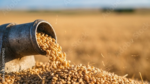 Harvested golden wheat grains pouring from a metal pipe spout at a farm field
