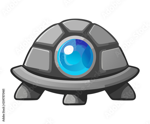 Fotografie Armored metal cyborg turtle robot with blue glowing power core eye lens for futu