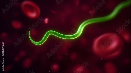 A worm-like Ebola virus filament is present among red blood cells