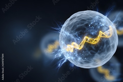 A visual representation of a virus changing with a DNA strand and energy forms