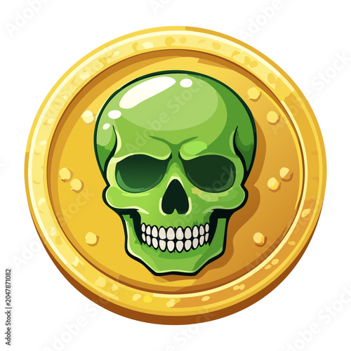 Bild auf Leinwand Round golden token coin medal engraved with a creepy green poison skull emblem f