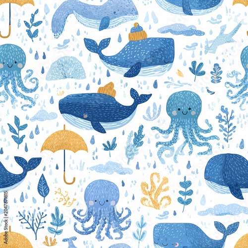 Whales and octopuses swim among plants and clouds in this seamless pattern