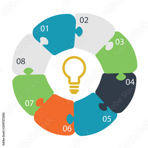Eight Step Puzzle Circle Infographic Template
Colorful eight step puzzle circle infographic with light bulb icon, numbered sections, and business process layout.