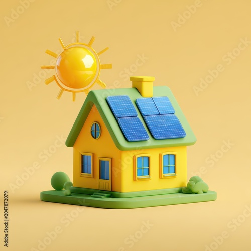 3D Illustration of Eco-Friendly House with Solar Panels