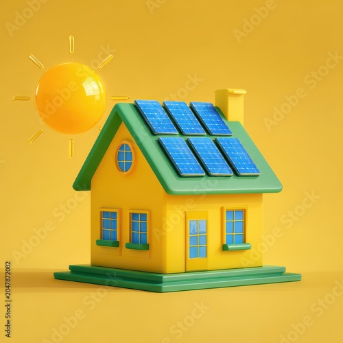 3D Illustration of Eco-Friendly House with Solar Panels