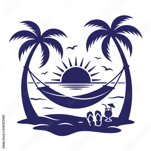 Tropical beach vacation silhouette with hammock and palm trees flip flops tropical vacation relaxing cocktail silhouette paradise tranquil landscape recreation