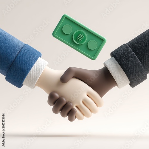 3D Render of Interracial Handshake with Floating Money Symbol