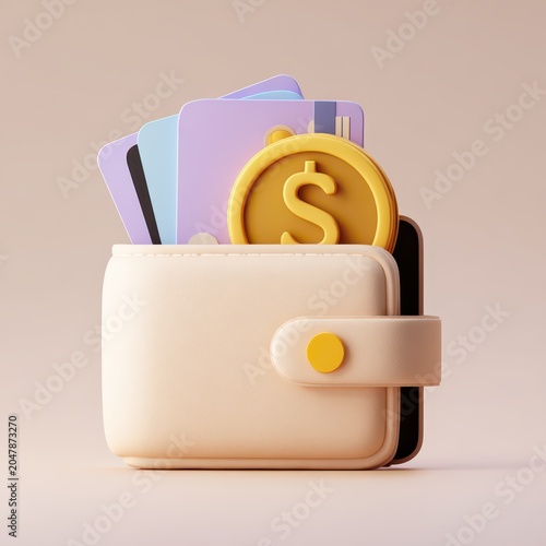 3D Render of Modern Wallet with Cards and Coin