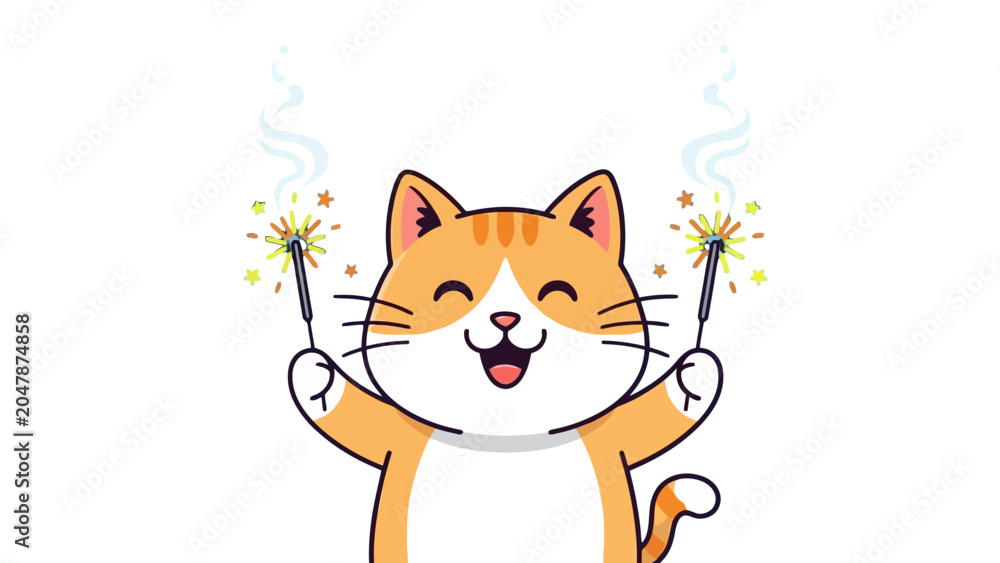 Obraz premium A cartoon orange cat playing with sparklers.