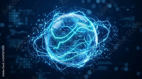 Transparent Blue Energetic Magical Sphere with Neon Sparks Round High Tech Digital Orb – Glowing Bright Electricity Lines Abstract Futuristic Technology Background Stock Video 4K