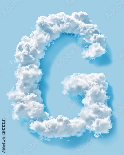 Soft clouds form the letter G against a calm blue sky. Fluffy, white shapes contour the letter with gentle texture. Light highlights suggest a peaceful, dreamlike atmosphere