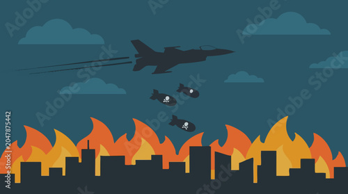 Bild auf Leinwand Military fighter jet dropping bombs on a city engulfed in flames