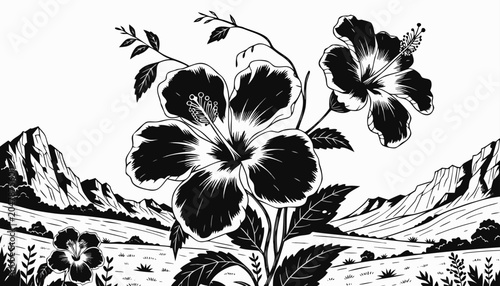 Foto Very beautiful black-and-white engraved vector illustration featuring Hibiscus f