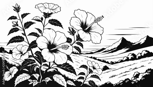 Bilde på lerret Very beautiful black-and-white engraved vector illustration featuring Hibiscus f