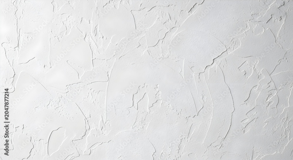 Fototapeta premium White textured wall surface with rough plaster finish and irregular cracks ideal for backgrounds and design elements in modern architecture and interior design projects