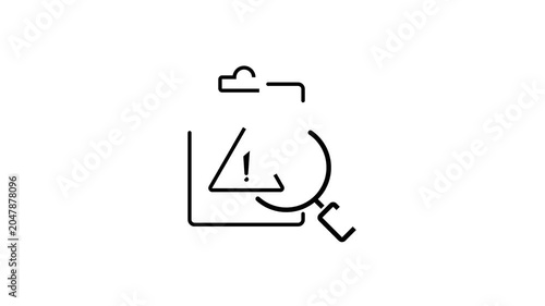 Error check icon animation on black and white background. consist of a clipboard, magnifying glass, and warning sign, transitioning between black and white backgrounds, symbolizes security