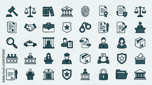 Fotografía Law and Justice Icons Set: Legal System, Court, and Police Symbols