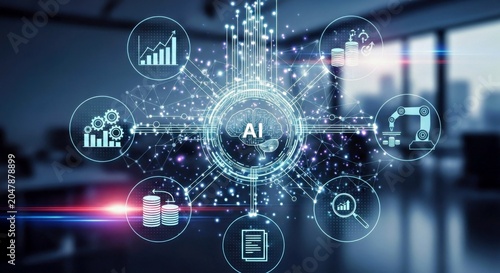 Artificial Intelligence Concept With Data Analytics and Automation Icons on Futuristic Background