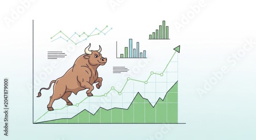 Bull Leaping Over Stock Market Graph With Charts on White Background