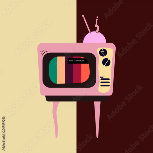 Retro Pink Television with No Signal Screen. Vintage TV with Color Bars. Vector Illustration.