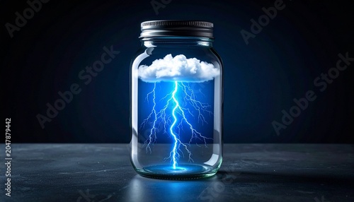 Glass jar containing a glowing blue lightning storm beneath a white cloud, symbolizing contained energy, creativity, and transformation.