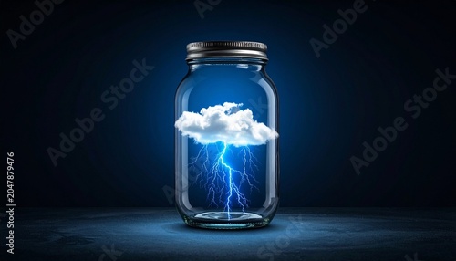 Glass jar containing a glowing blue lightning storm beneath a white cloud, symbolizing contained energy, creativity, and transformation.