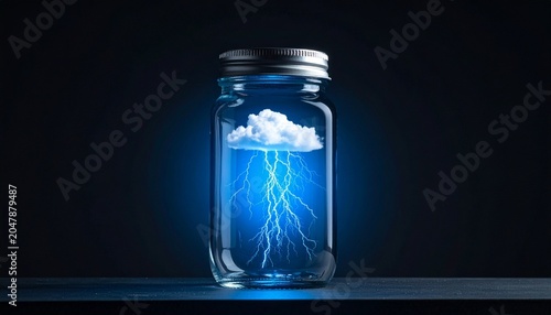 Glass jar containing a glowing blue lightning storm beneath a white cloud, symbolizing contained energy, creativity, and transformation.