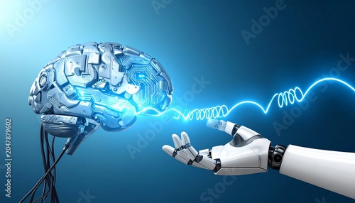 Robotic hand reaching toward mechanical brain connected by glowing blue energy wave, symbolizing artificial intelligence, human-machine synergy, and technological evolution.