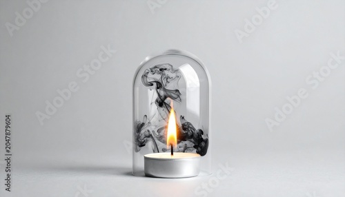 Yellow candle burning under a glass dome with swirling smoke, symbolizing containment, fragility, and transformation within boundaries.
