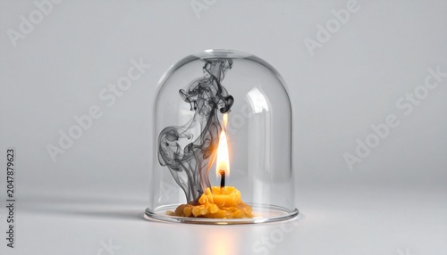 Yellow candle burning under a glass dome with swirling smoke, symbolizing containment, fragility, and transformation within boundaries.