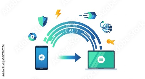 Smartphone and Laptop Displaying Ai Interface With Network of Icons