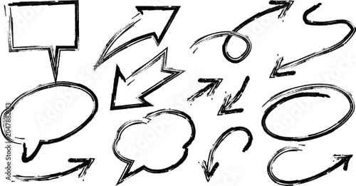 Quadro su tela A collection of black hand-drawn speech bubbles and arrows with a textured, sket