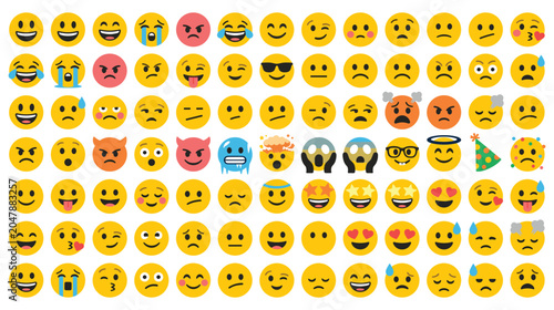 Schilderij op canvas Yellow emoji set with colorful cartoon facial expressions.