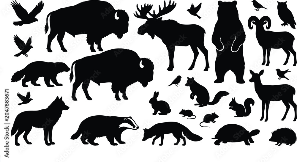 Obraz premium Assortment of North American wildlife silhouettes featuring bison moose bear and birds
