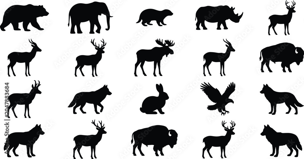 Fototapeta premium Assortment of wild animal silhouettes including deer moose bison elephants and foxes