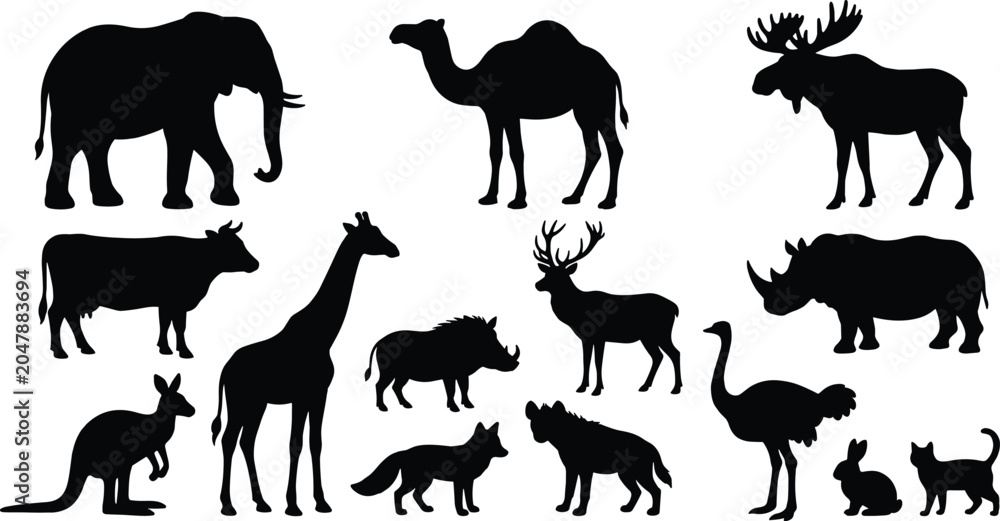 Fototapeta premium Assorted wild animal silhouettes including mammals and birds isolated on white background