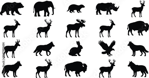 Assortment of wild animal silhouettes including deer moose bison elephants and foxes