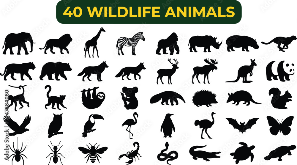 Obraz premium Forty wildlife animal silhouettes icons set for education and creative projects design now