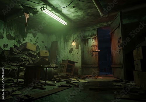 Abandoned cluttered workshop with dim green lighting and industrial decay atmosphere