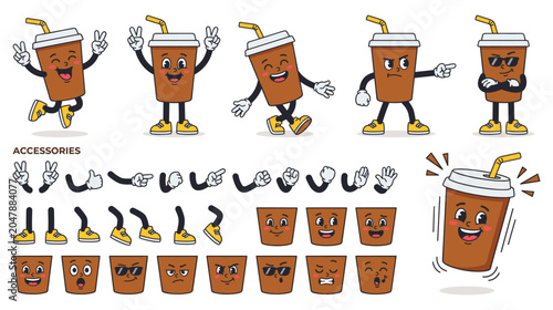 Schilderij op canvas Coffee cup character creator with poses and expressions.