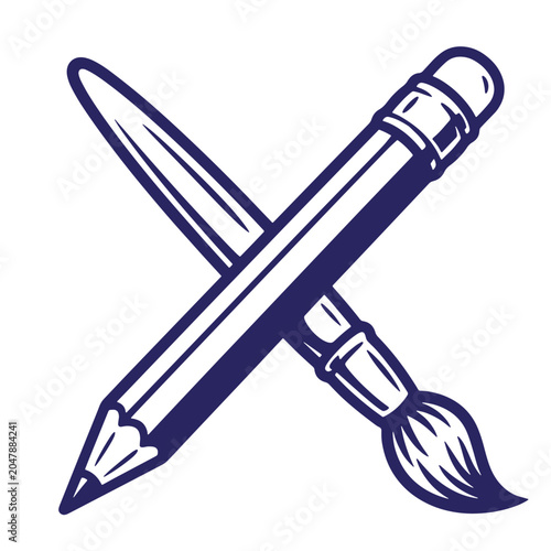 Stylized graphic icon of a crossed pencil and paint brush for artistic design with paintbrush illustration stationery creative creativity education equipment