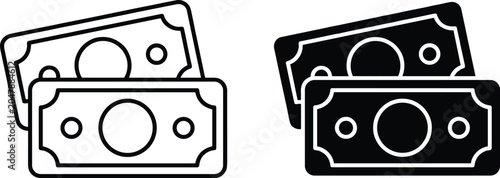 Two bank note icons in outlined and filled black style representing financial currency