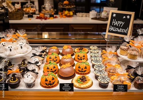 Halloween cupcakes with pumpkin and ghost decorations on bakery display counter