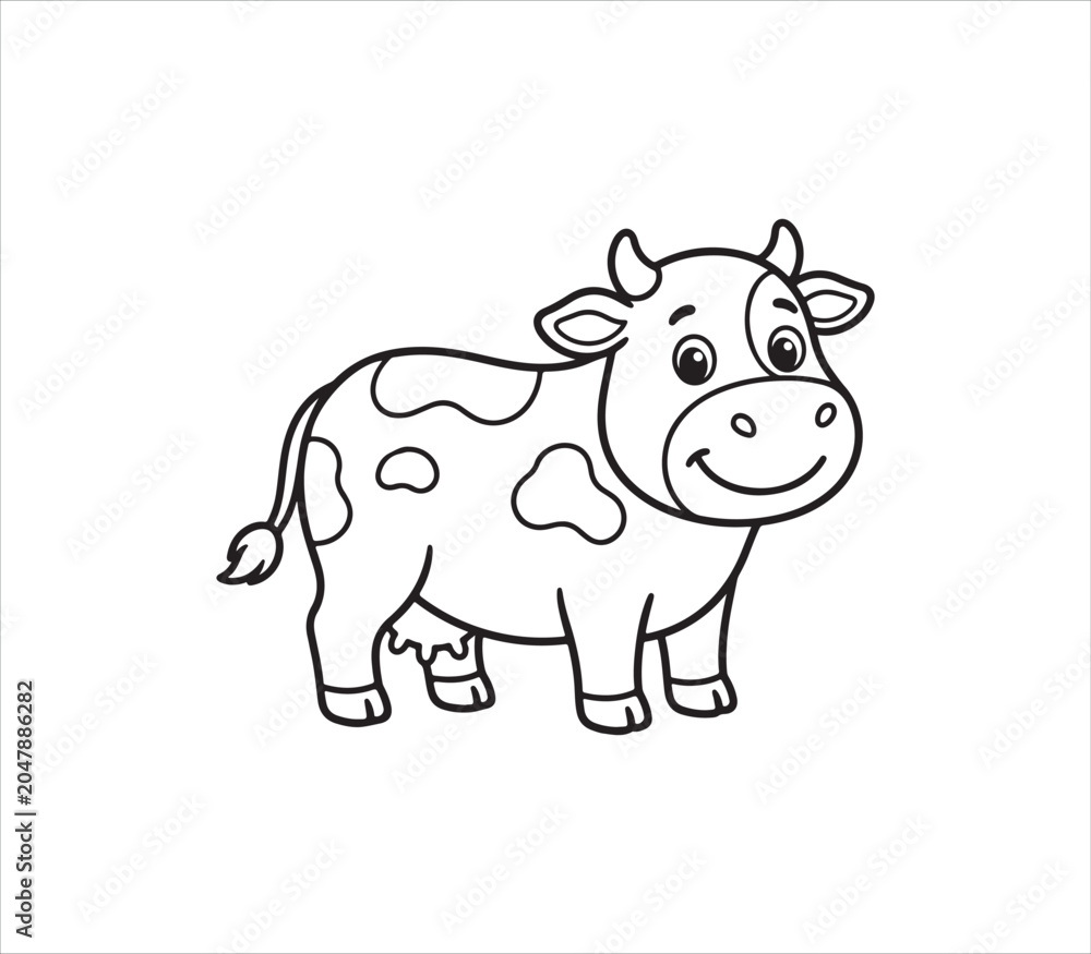 Obraz premium Smiling cartoon cow with spots standing alone looking happy friendly animal